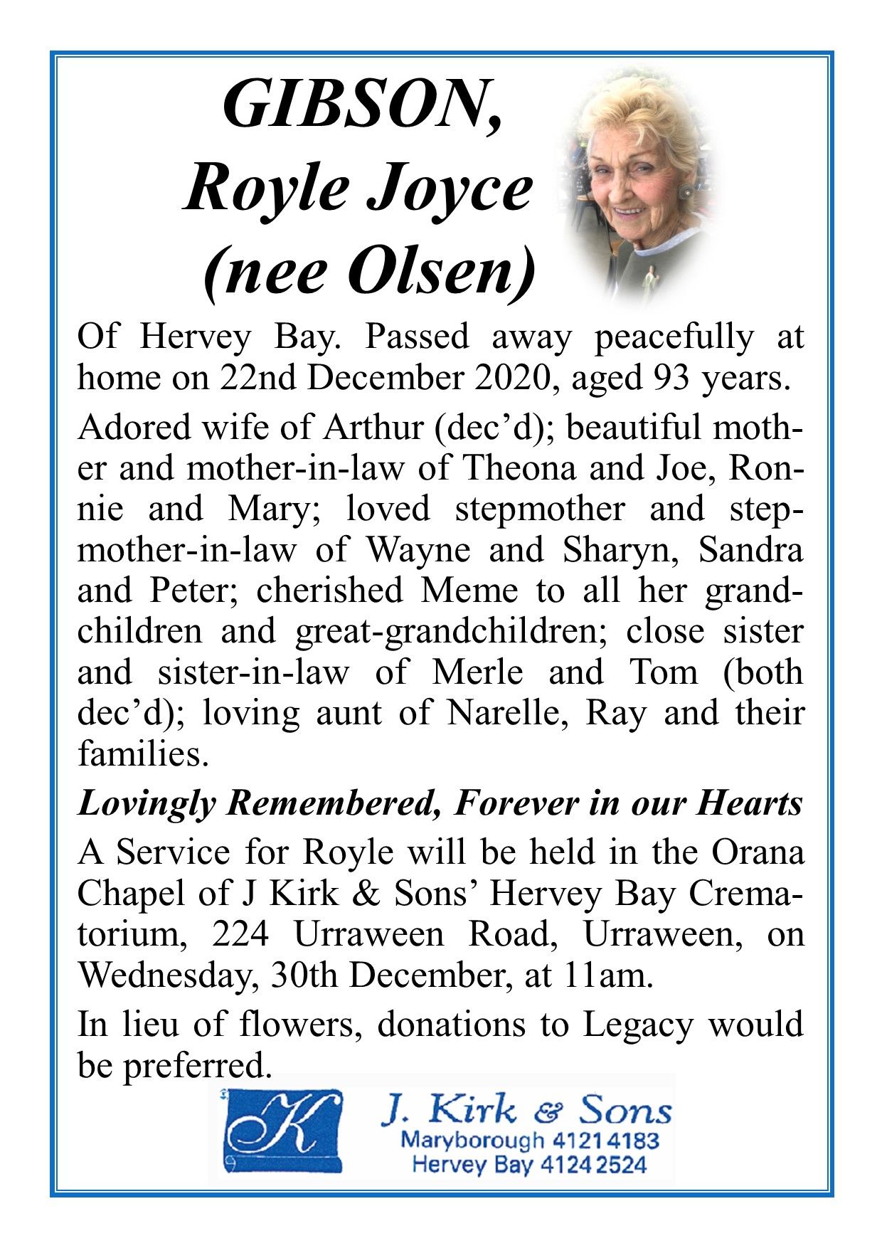 Funeral Notices and Memorials Hervey Bay and Maryborough