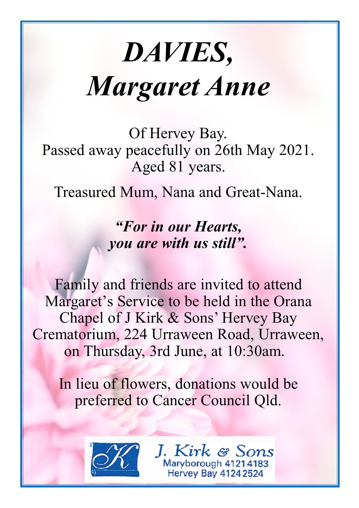 Funeral Notices and Memorials Hervey Bay and Maryborough