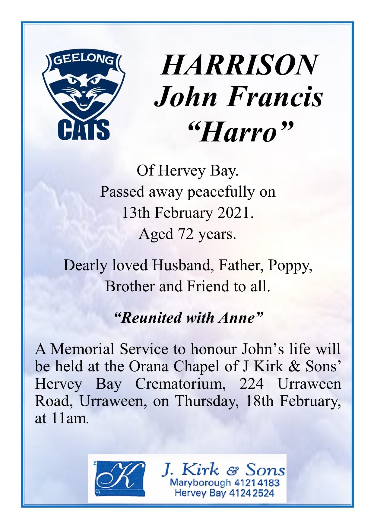 Funeral Notices and Memorials Hervey Bay and Maryborough