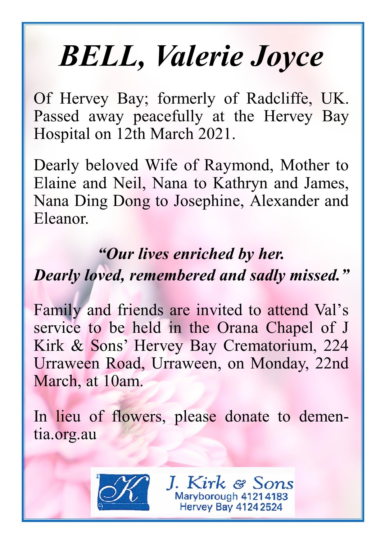 Funeral Notices and Memorials Hervey Bay and Maryborough