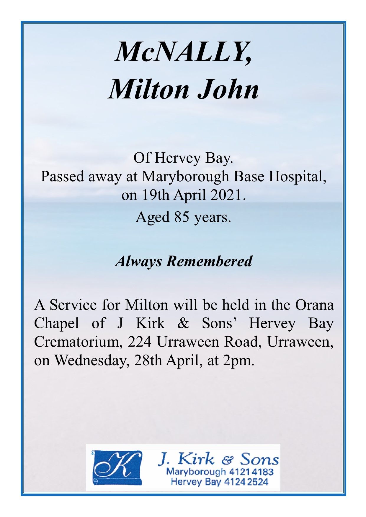Funeral Notices and Memorials Hervey Bay and Maryborough